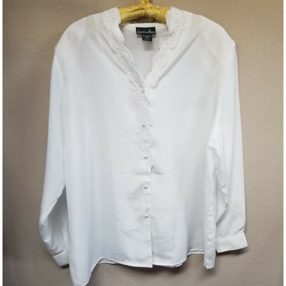 David Matthew Top Women 18W White Button Up Shirt Embroidered Long Sleeve Casual